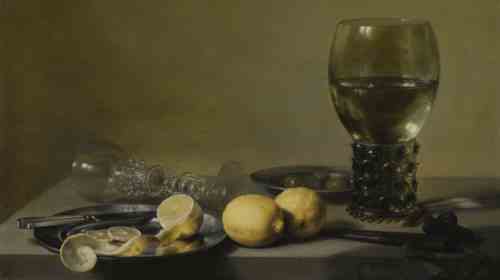 Питер Клас, «Натюрморт с лимонами, оливками, рёмером и стеклянным бокалом», 1629 г.
